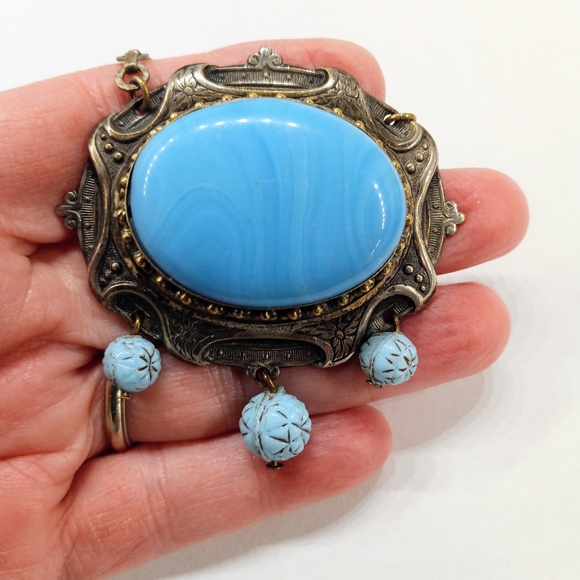 Vintage Blue Cabachon Choker Necklace Unique Victorian Style - Picture 4 of 8